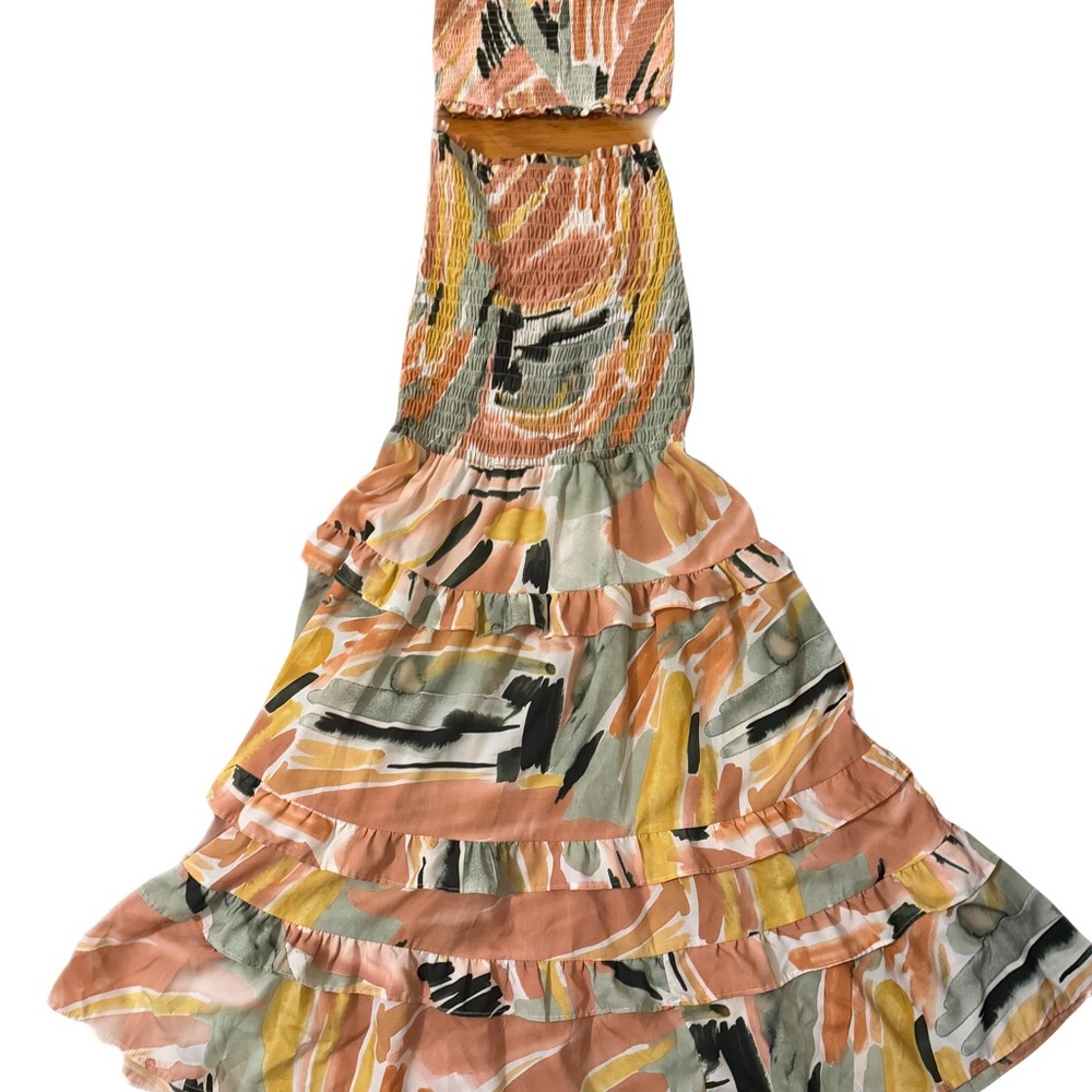 Women’s Tiered Abstract Print Skirt Set in Peach and Mustard